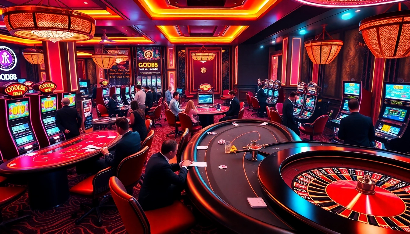 Players enjoying a thrilling casino experience at GOOD88 with vibrant slot machines and poker tables.