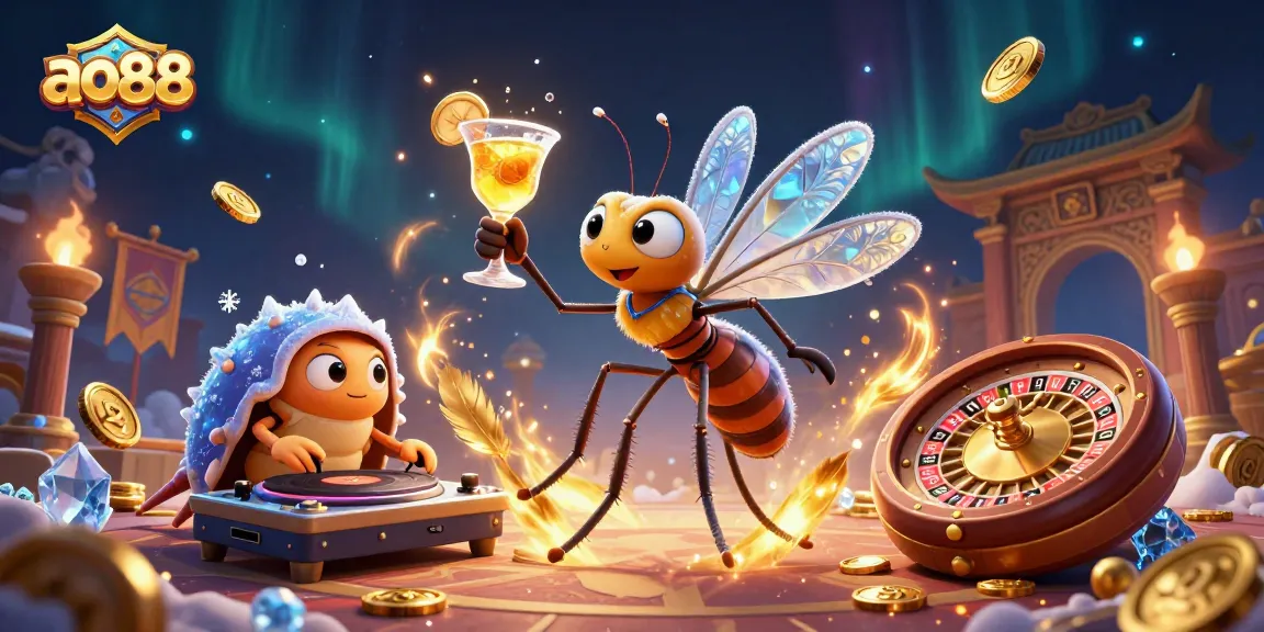 Engage with ao88's casino mascot amidst vibrant gaming elements in a dynamic, lively scene.