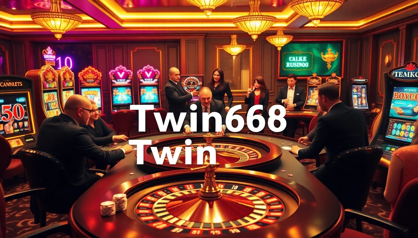 Experience the thrill of Twin68 with vibrant casino visuals, showcasing poker, roulette, and excitement.