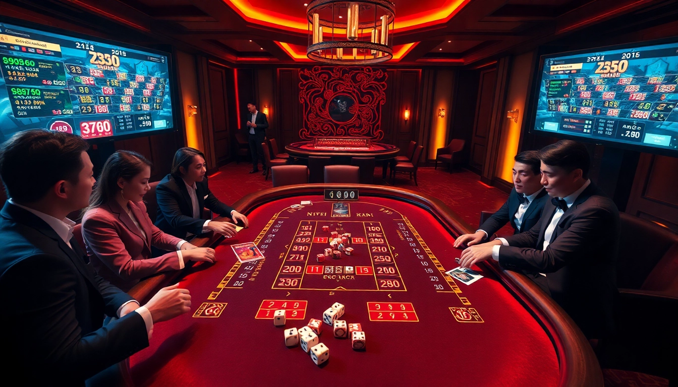 Xóc đĩa online game showcasing players engaged in action at a lavish casino table.