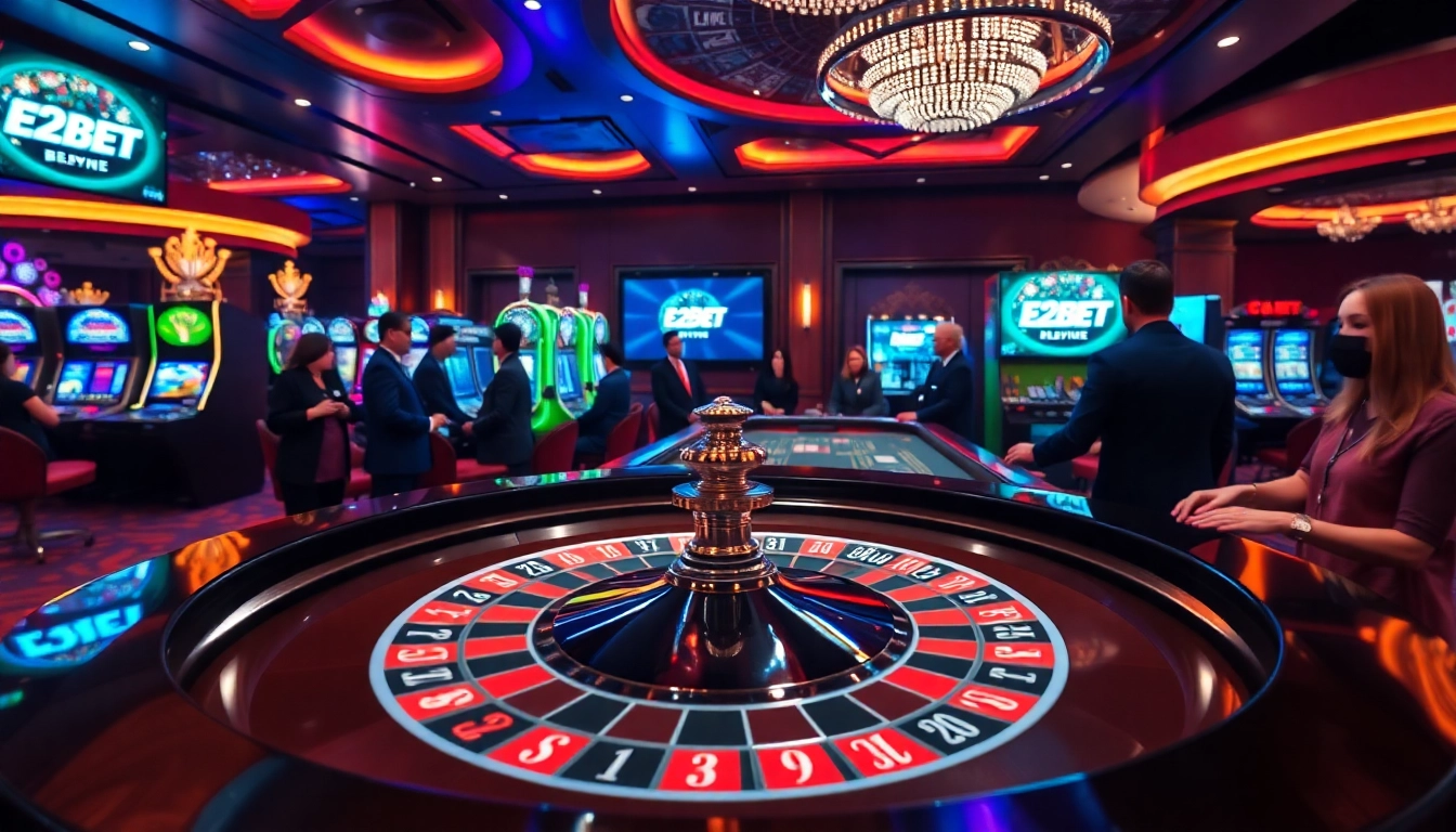 E2BET players enjoy a dynamic casino experience at an elegant roulette table with vibrant colors.