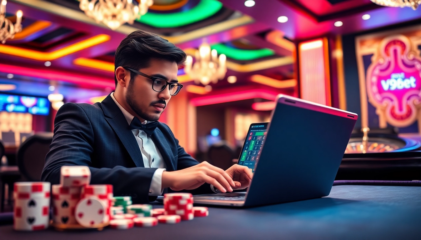 Player enjoying a V9bet online gambling session with vibrant casino elements.
