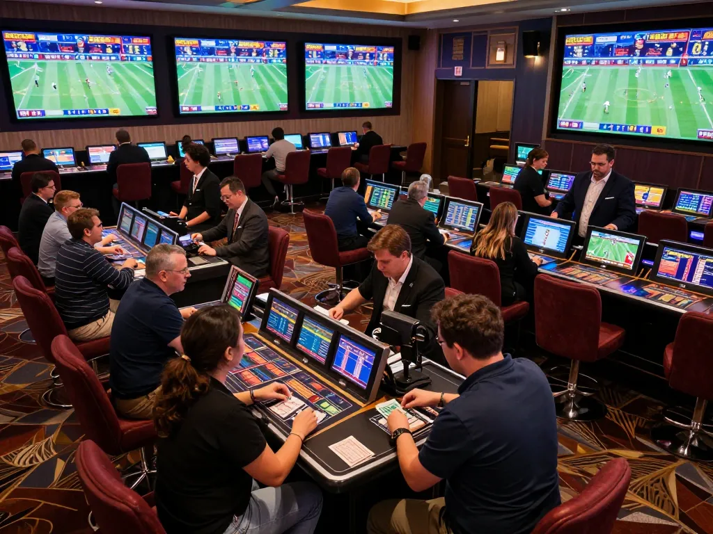 Patrons placing bets in a lively sports betting area showcasing ty le nha cai and vibrant atmosphere.