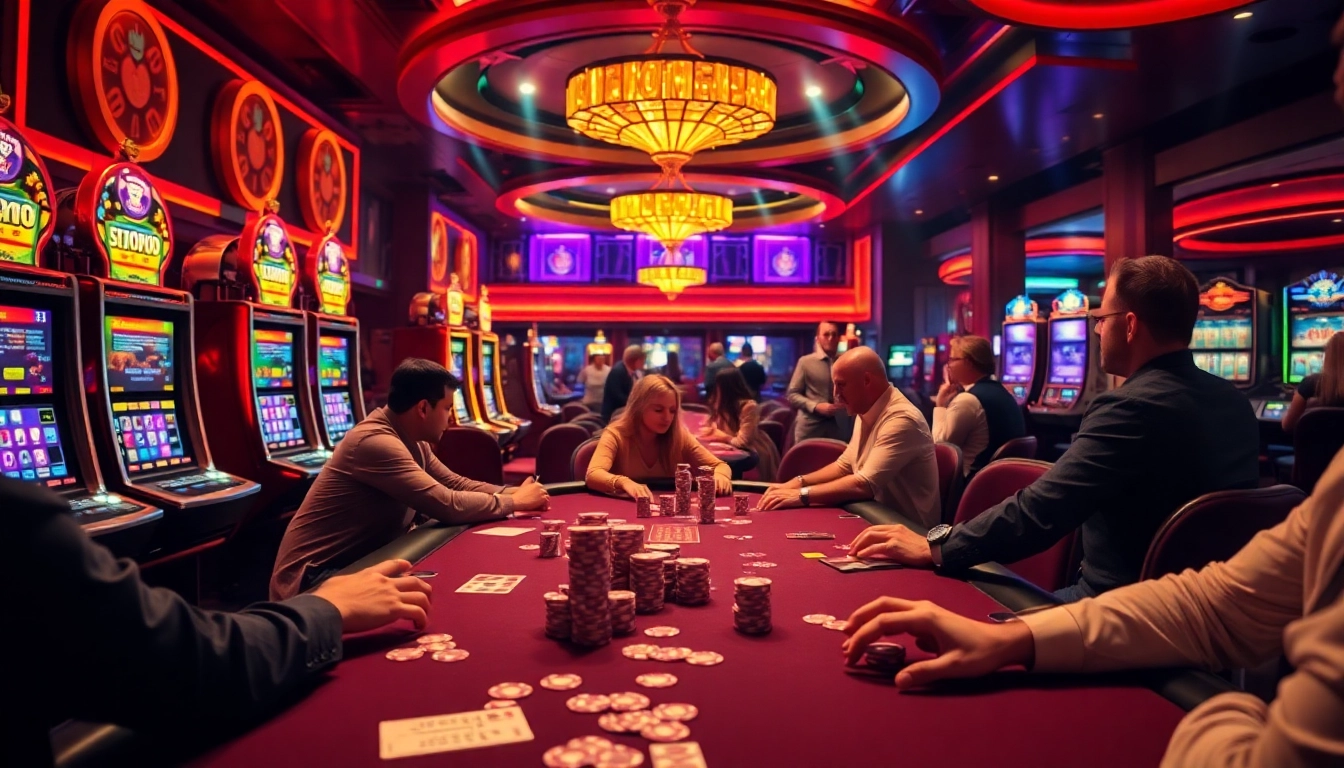SODO casino scene featuring vibrant poker gameplay, bright slot machines, and excited gamblers.
