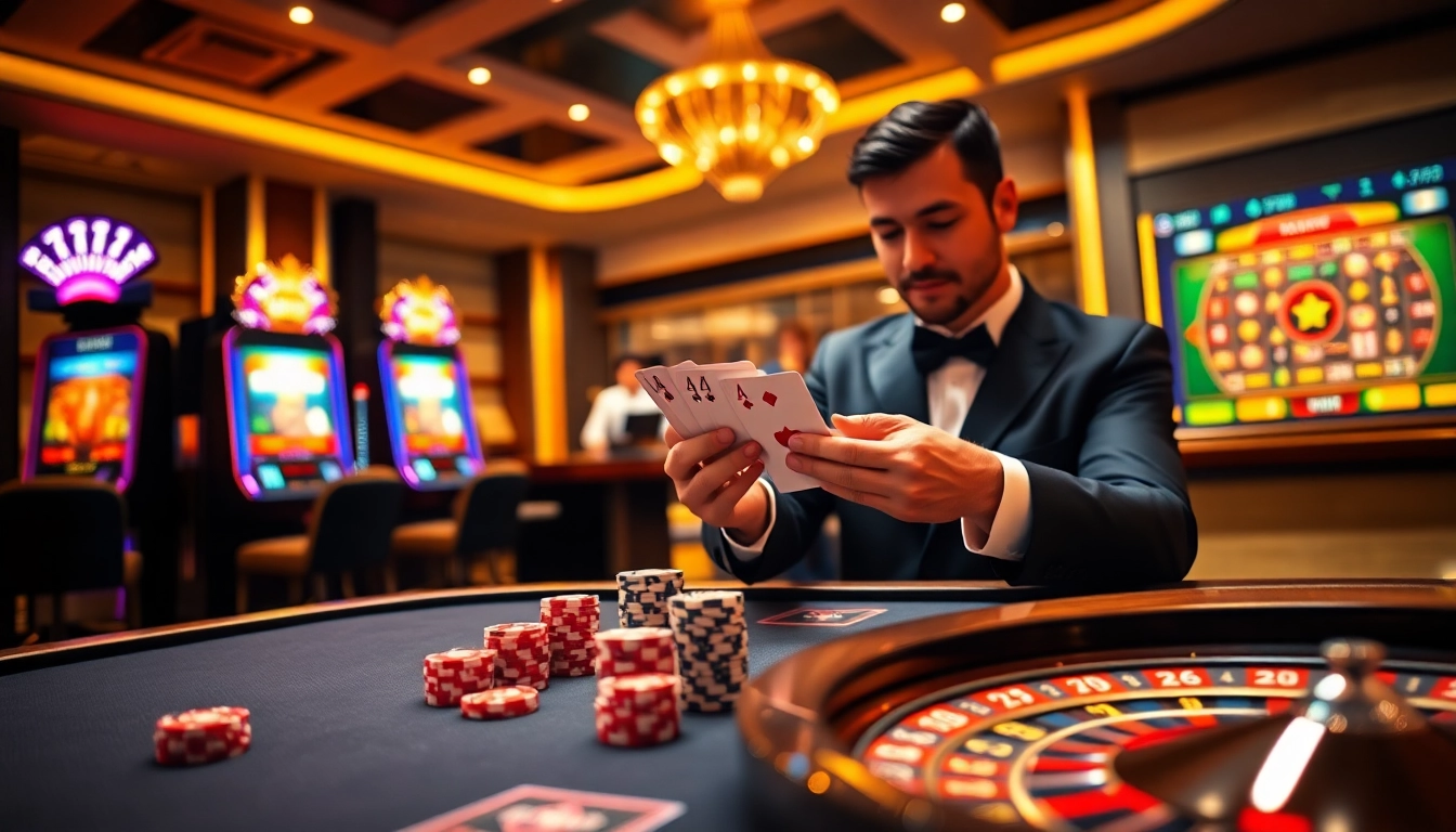 Experience the excitement of 789Win with vibrant slot machines and a professional dealer at the table.