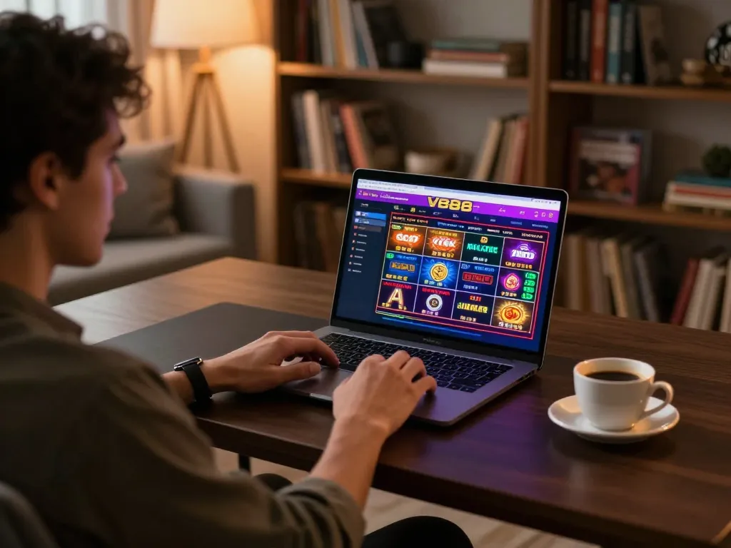 Gamer engaged with the VB88 online casino interface on a laptop, showcasing strategic gameplay.