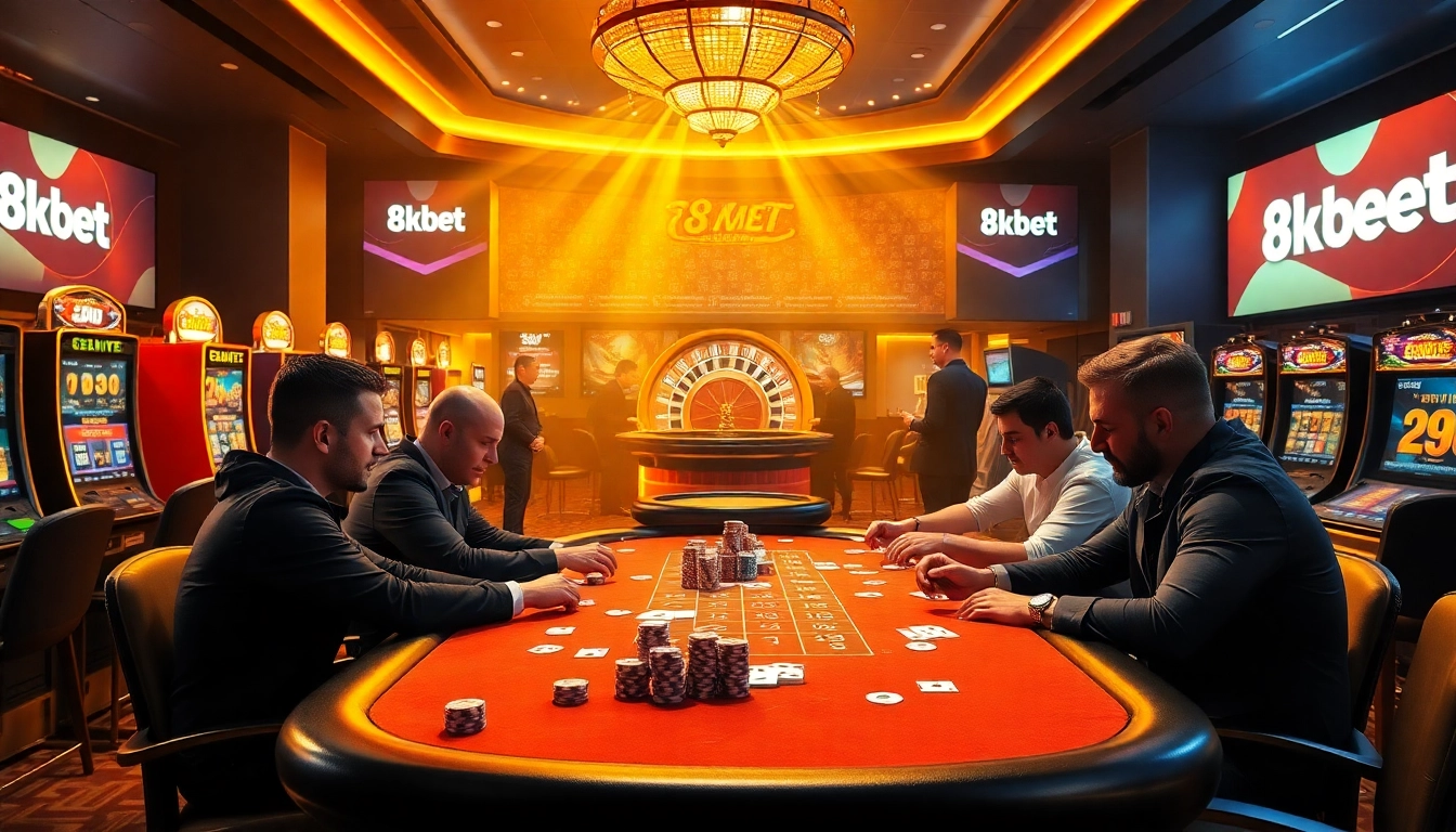 Players enjoying a thrilling poker game at 8kbet's luxurious casino.