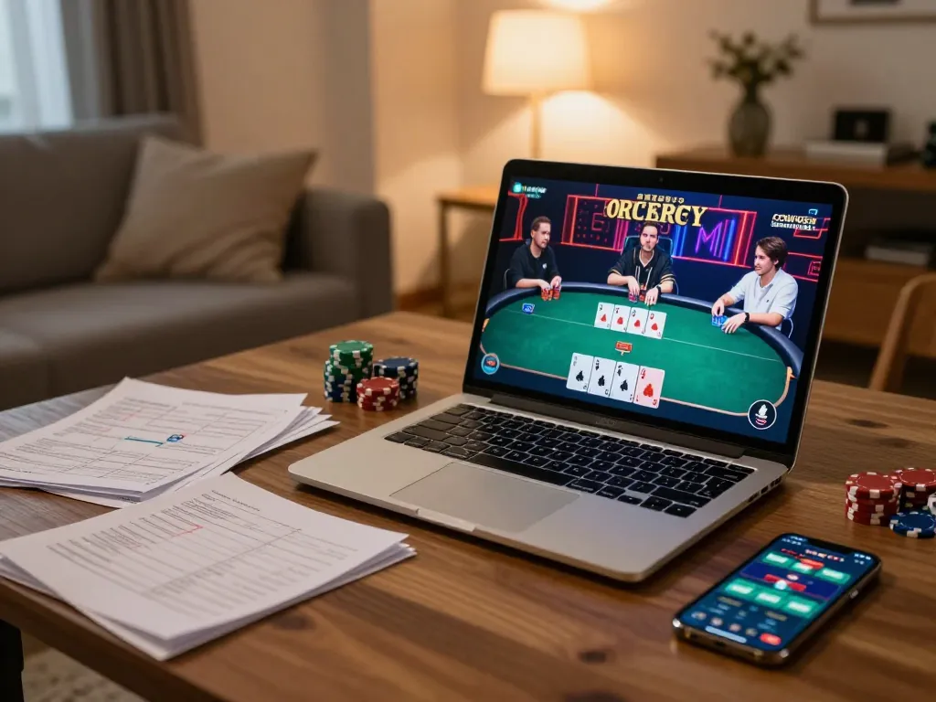 Player engaged in online poker at home with XX88 casino app displayed on the laptop screen.