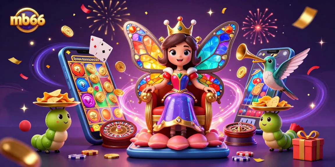 Experience thrilling slots with mb66, featuring a vibrant butterfly queen amidst casino excitement.