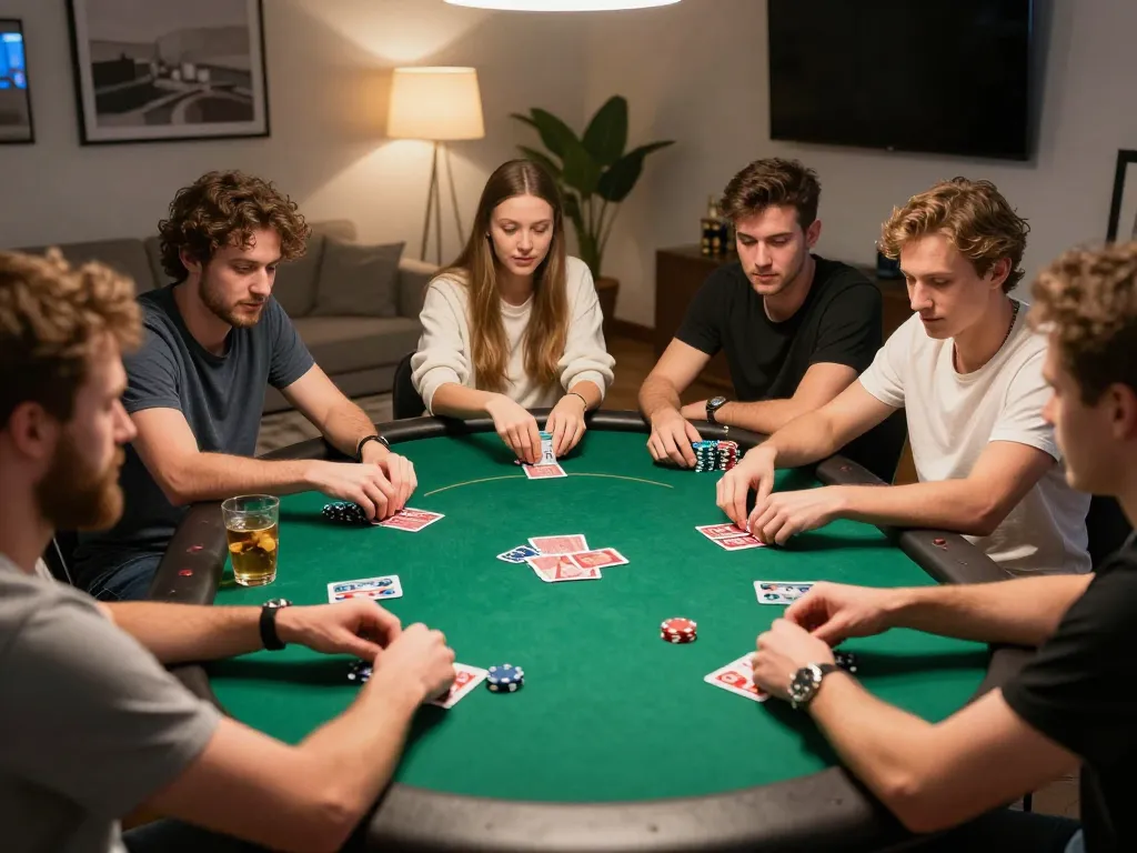 Friends enjoying an engaging poker game at home with sky88co atmosphere