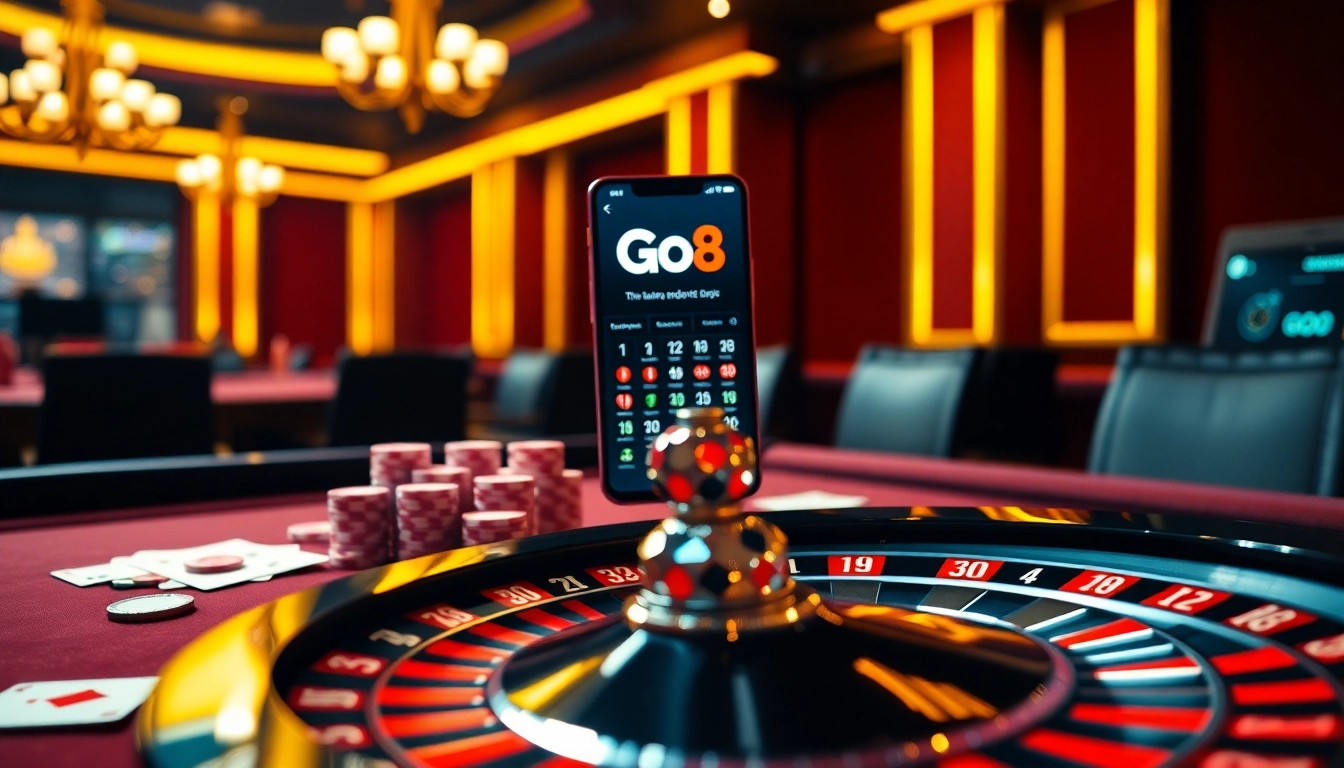 Engaging scene of Go8's luxury casino with poker chips and roulette wheel.