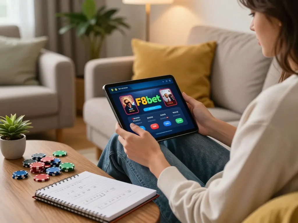 Engaging with F8bet online casino platform on a tablet in a cozy home setting.