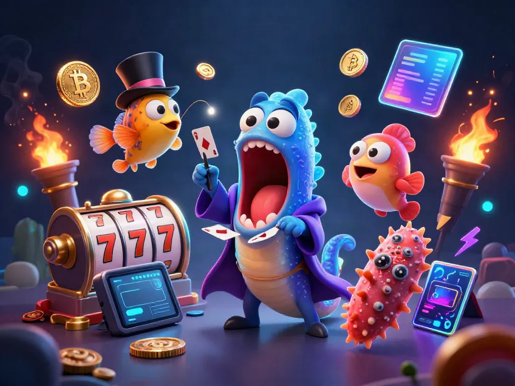 Toto-themed card tricks performed by sea creatures, highlighting dynamic slots and crypto elements.