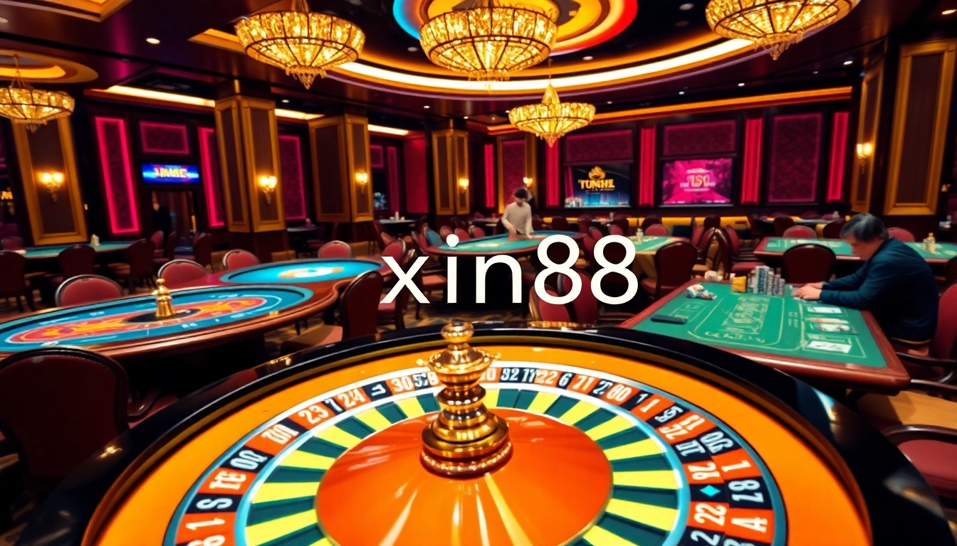 Experience excitement at xin88 with players enjoying roulette and poker in a vibrant casino environment.