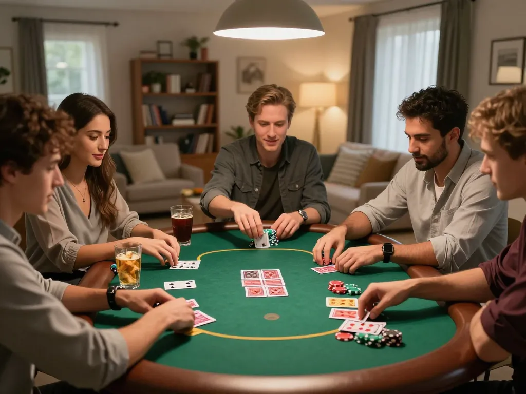 Friends enjoying a poker game at home, showcasing s666no1 in a cozy social setting.