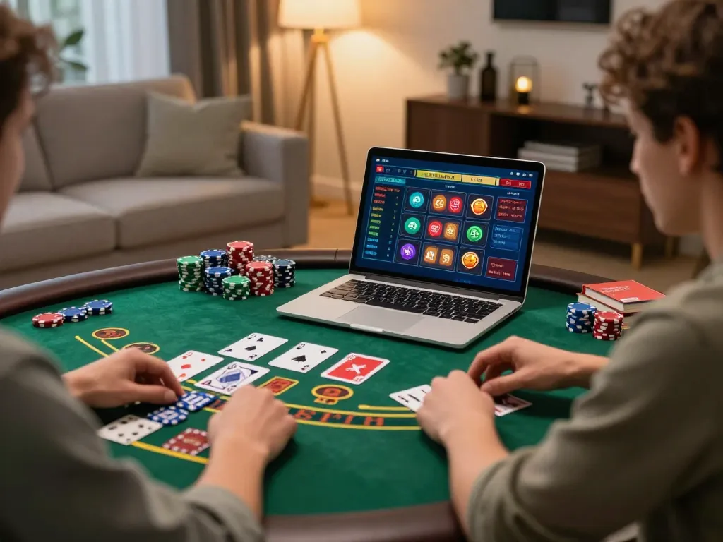 Player strategizing Baccarat at home using xx88 online casino platform, vibrant gaming atmosphere.