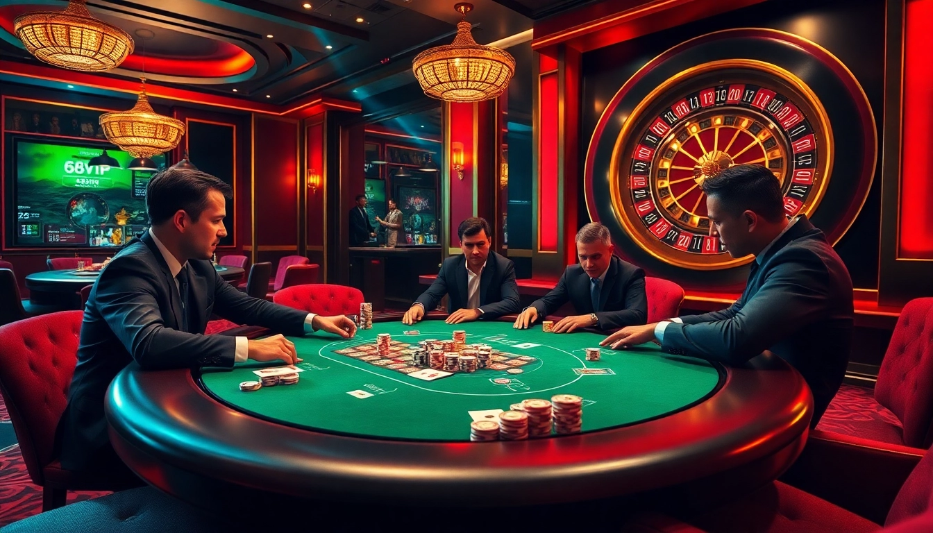Experience the thrill of gambling at 68VIP with a captivating casino scene featuring poker action.