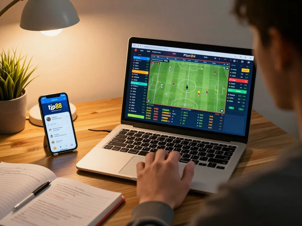 Player engaging with tip88 app for sports betting on laptop, showing active betting interface and strategy notes