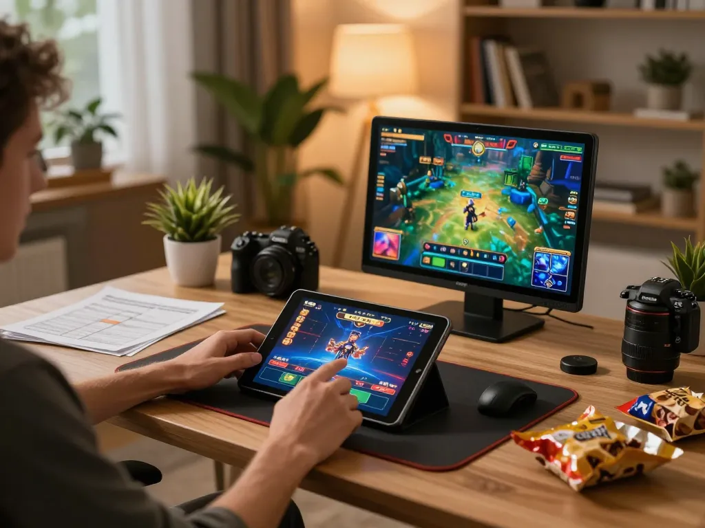 Orang yang menikmati permainan online vt789 di tablet dalam pengaturan rumah yang nyaman.