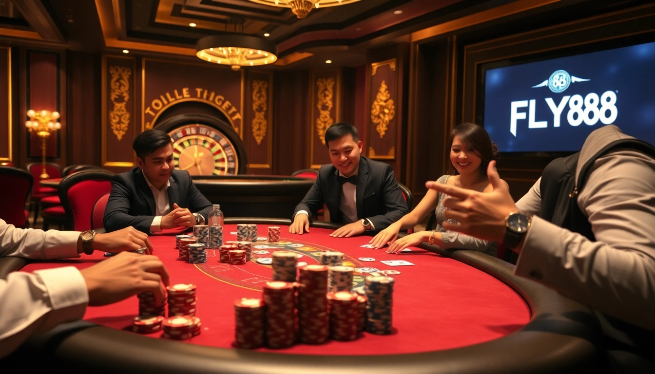 FLY88 gambling scene featuring a high-stakes poker table with chips and cards.