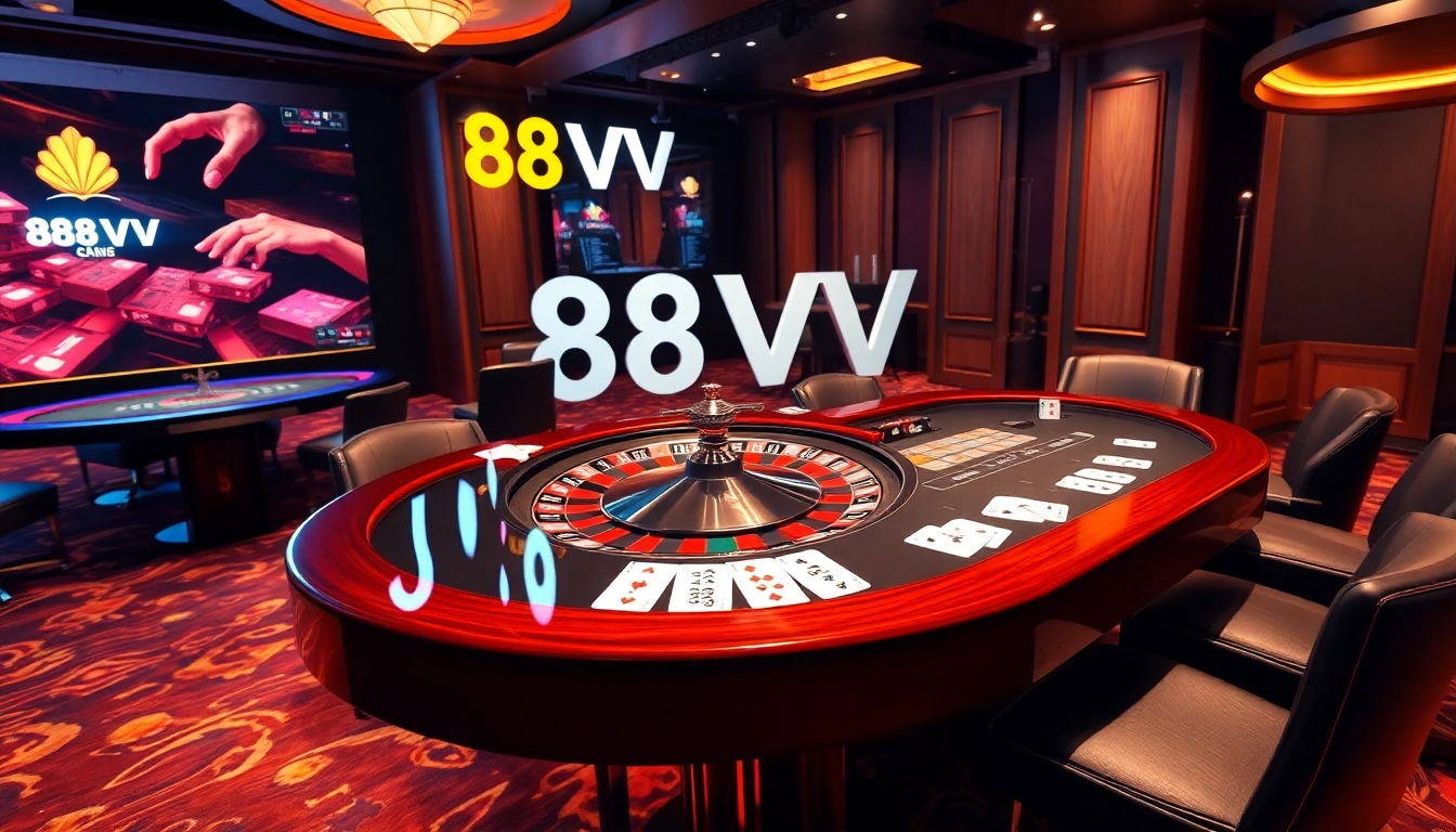 Engaging gambling scene at https://88vv.help/ with a roulette wheel, poker cards, and vibrant casino ambiance.