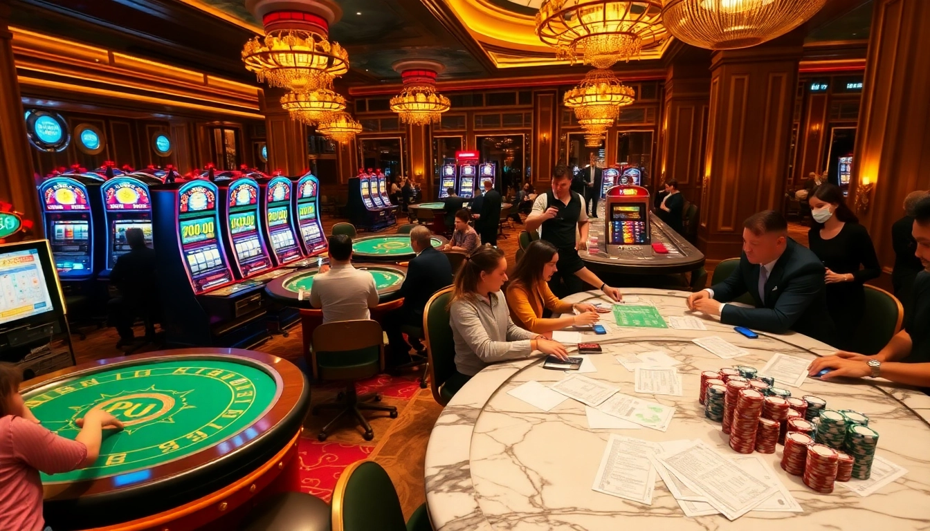 Gamblers enjoying games at PUB88's luxurious casino, featuring vibrant slot machines and stylish poker tables.
