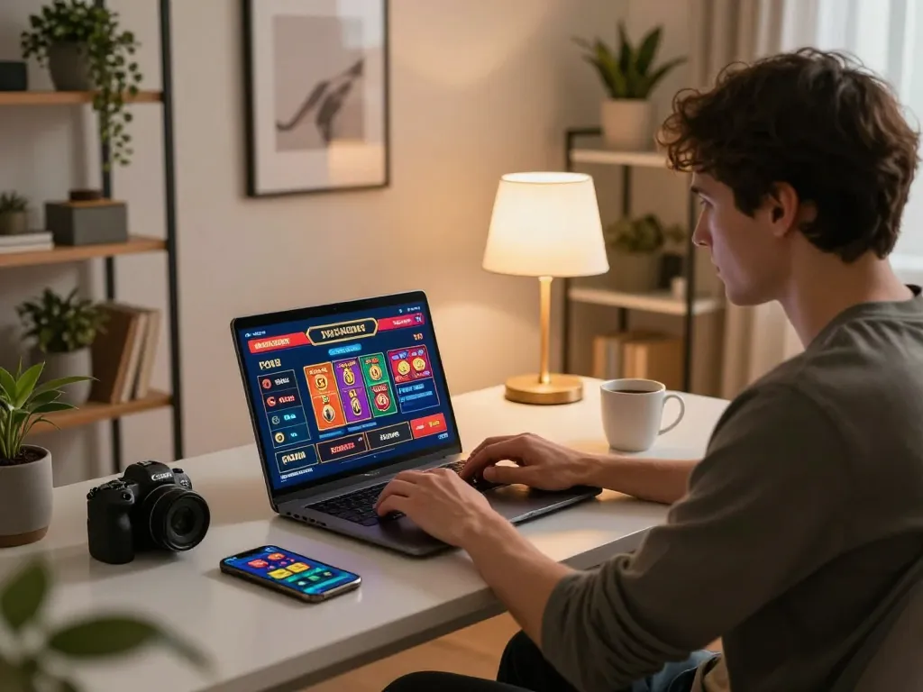 Engaging online gaming experience at urr88 with a player immersed in casino games on a laptop.