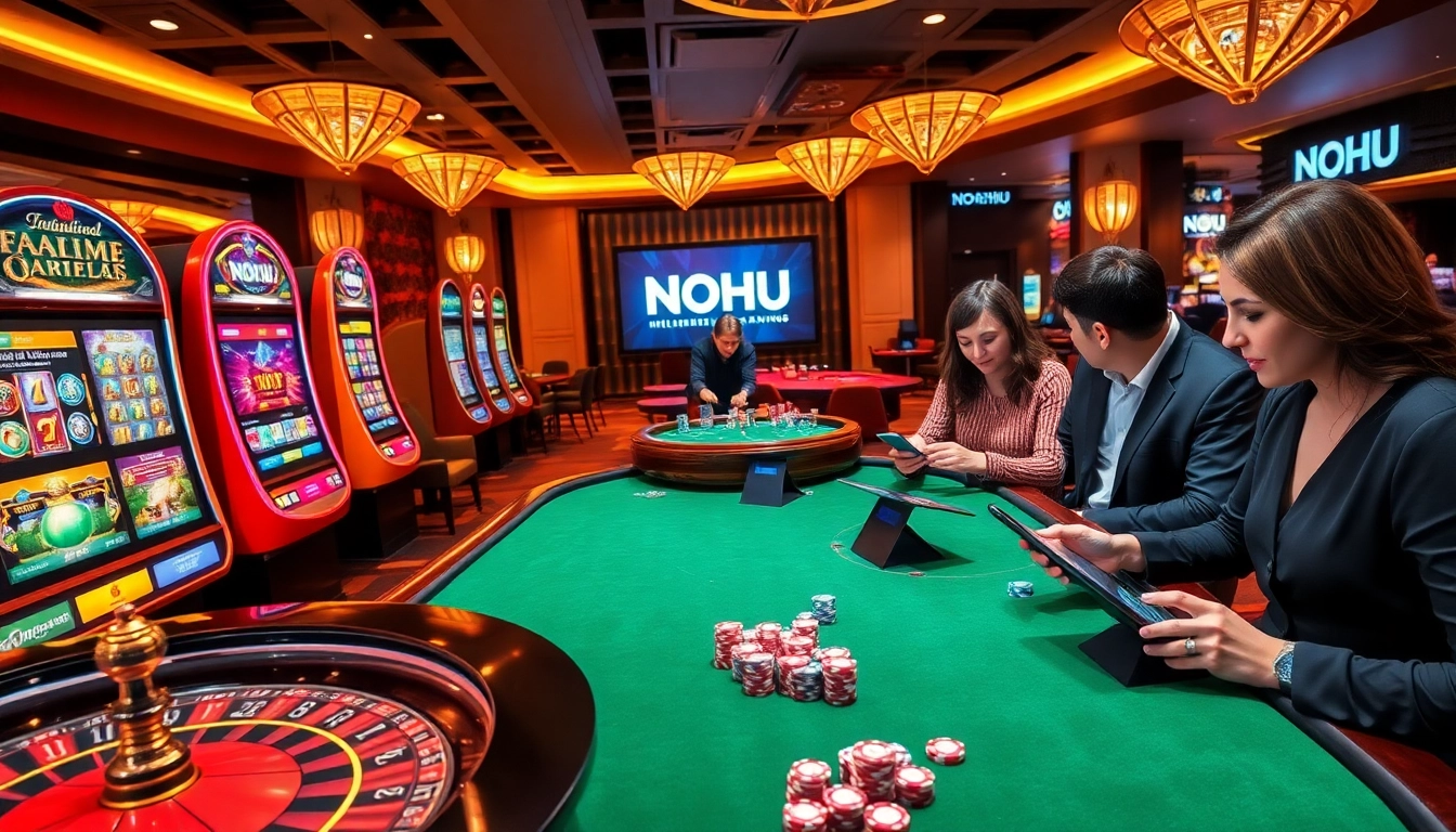 NOHU players enjoying a high-energy online casino experience with vibrant slot machines and games.
