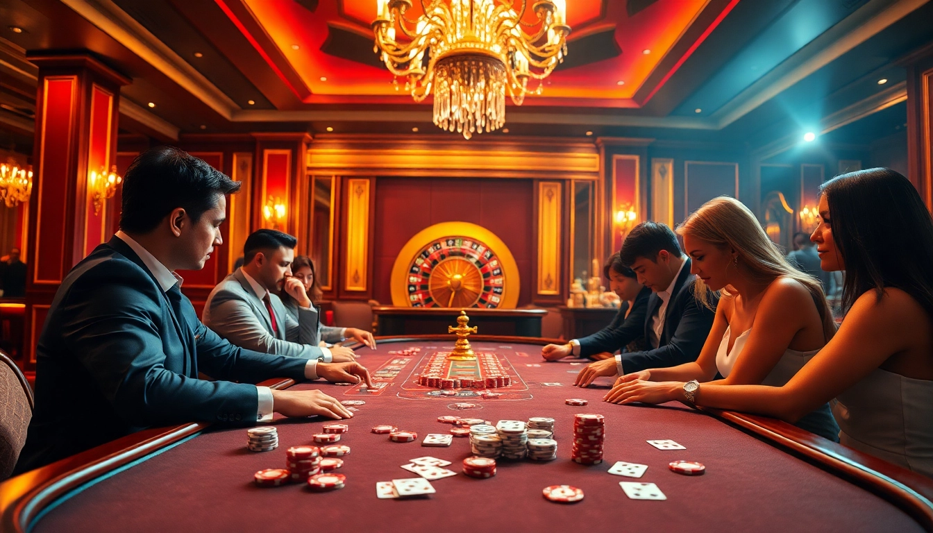 X88 poker game with vibrant chips and dealers creating an exciting casino atmosphere.