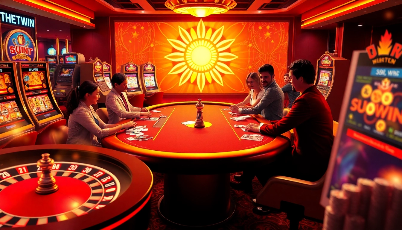 Experience the thrill of winning at Sun Win with players enjoying casino games and a luxurious atmosphere.