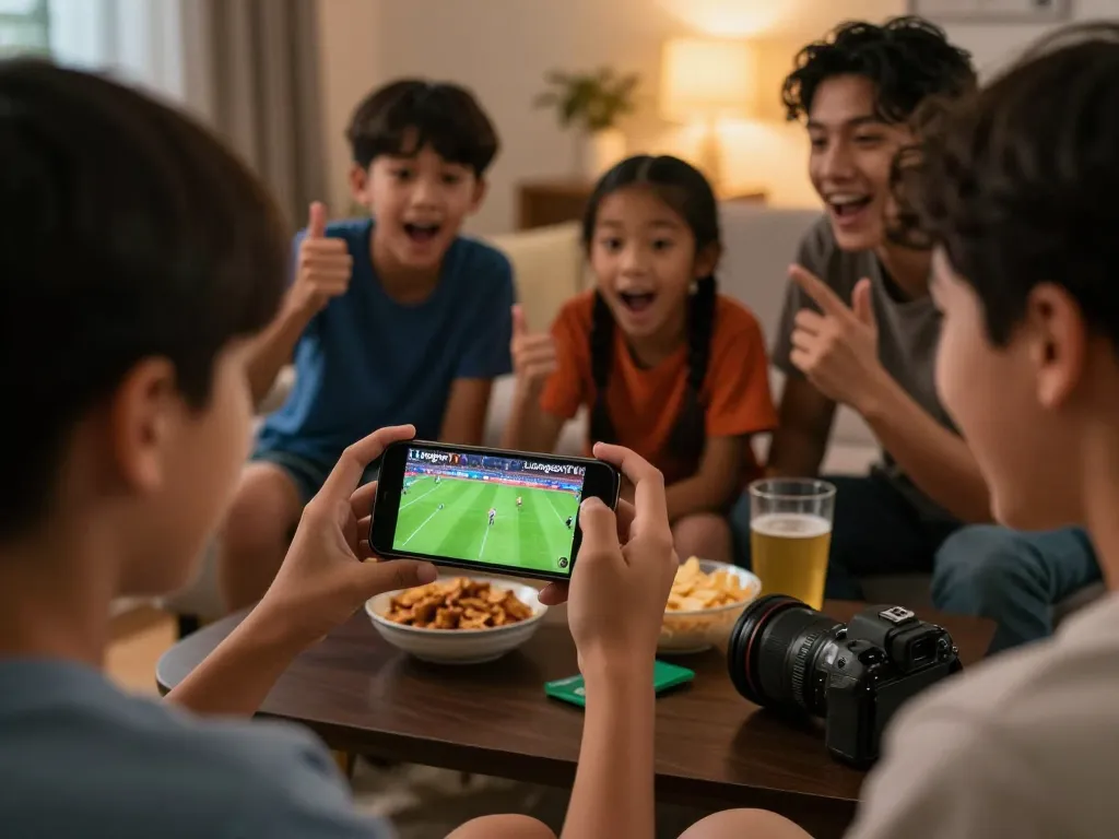 Enthusiastic fans enjoy watching a live football match on their mobile devices with Luongsontv's high-quality streaming.