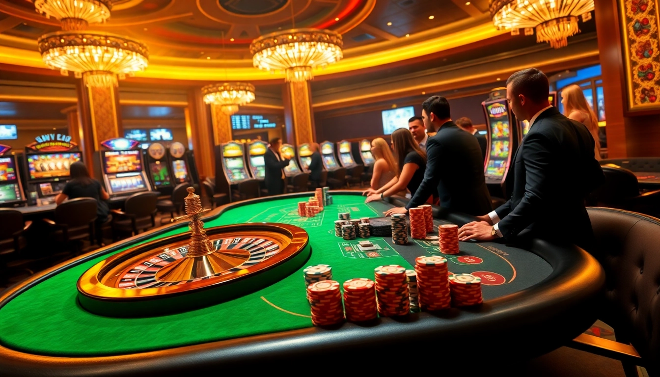 Xoso66 players enjoying high-stakes games in a luxurious casino setting.