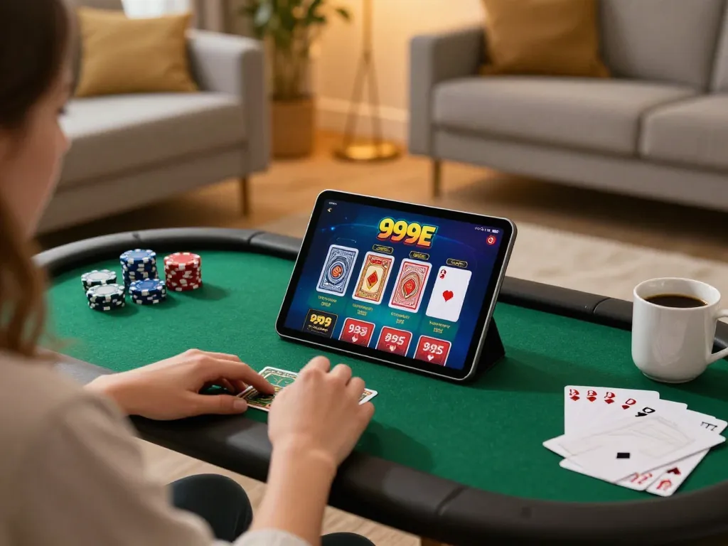 User engaging with the 999E casino app in a cozy home setting, showcasing responsible gaming.