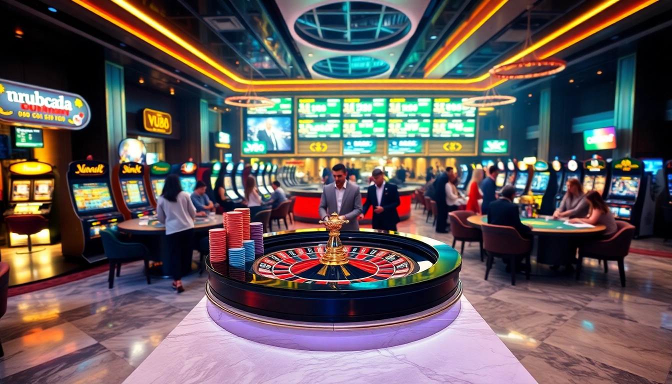 Vibrant casino atmosphere showcasing a roulette table and players engaged in thrilling games at https://vu88.ink/ for an exciting experience.