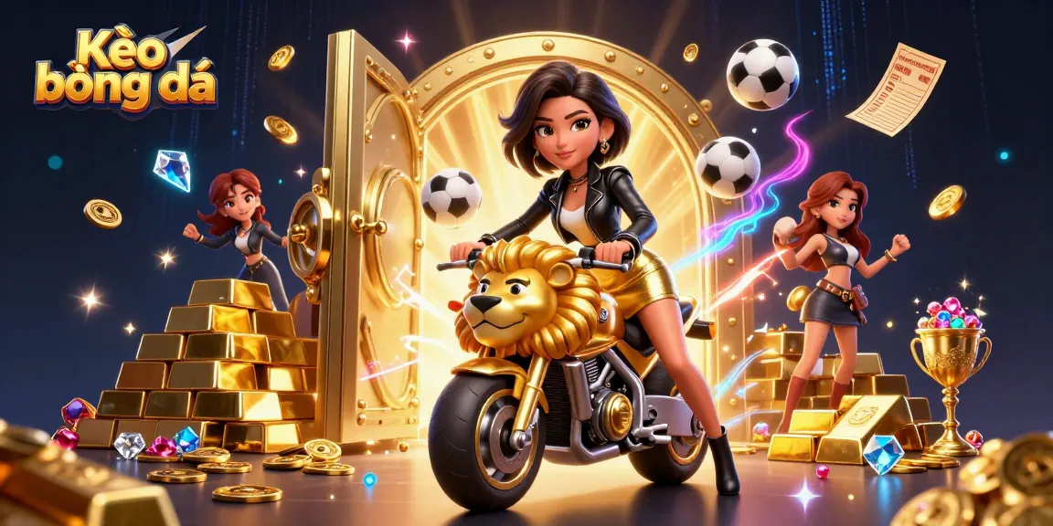 Kèo bóng đá dynamic scene featuring a glamorous Asian woman riding a golden lion mascot amidst sports balls and betting slips.