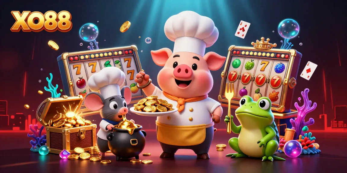 Experience thrilling gameplay at XO88 with a dynamic scene featuring cartoon characters and casino elements.