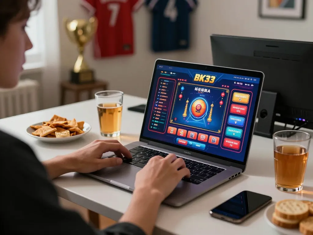 Player immersed in BK33 online casino gaming, showcasing an engaging home setup with laptop and snacks.