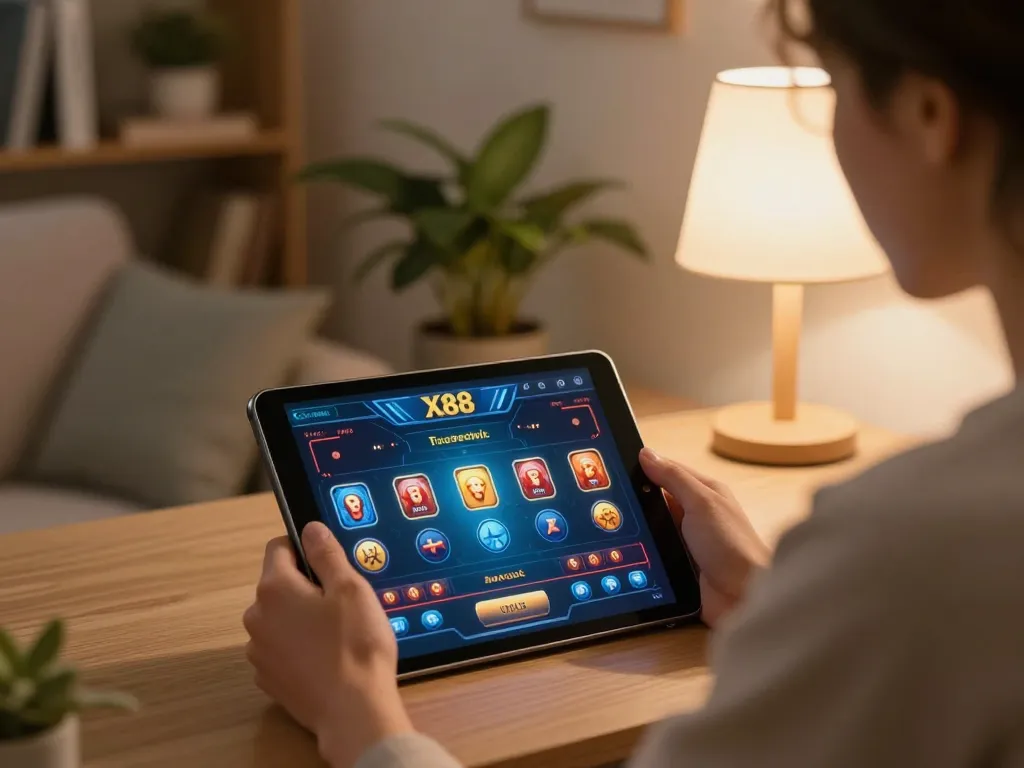X88 online gaming session showcasing a player immersed in casino action on a tablet.