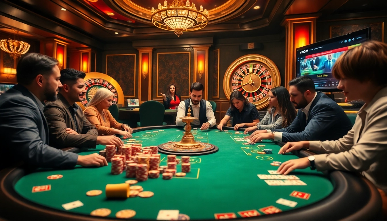 Rikbet casino scene featuring a lively poker game, chips, and a roulette wheel.