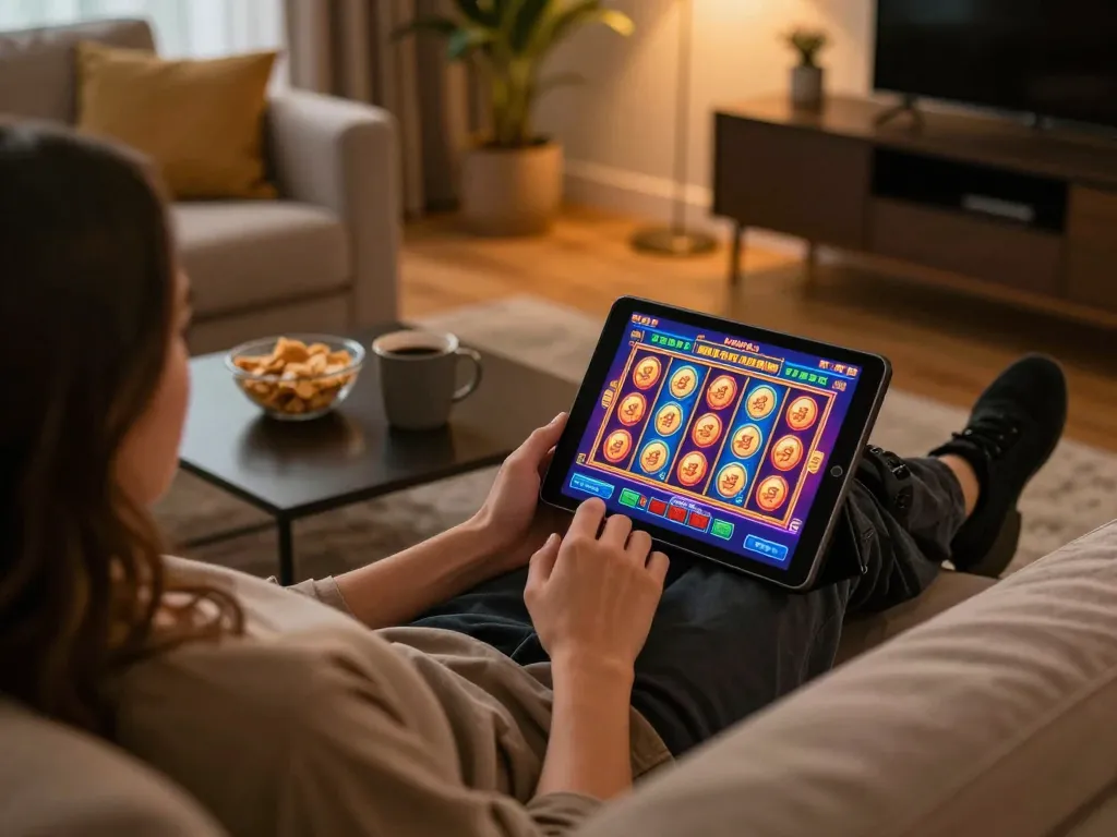 Playing slots at home through https://v788.biz/ on a tablet, surrounded by snacks and warm lighting.
