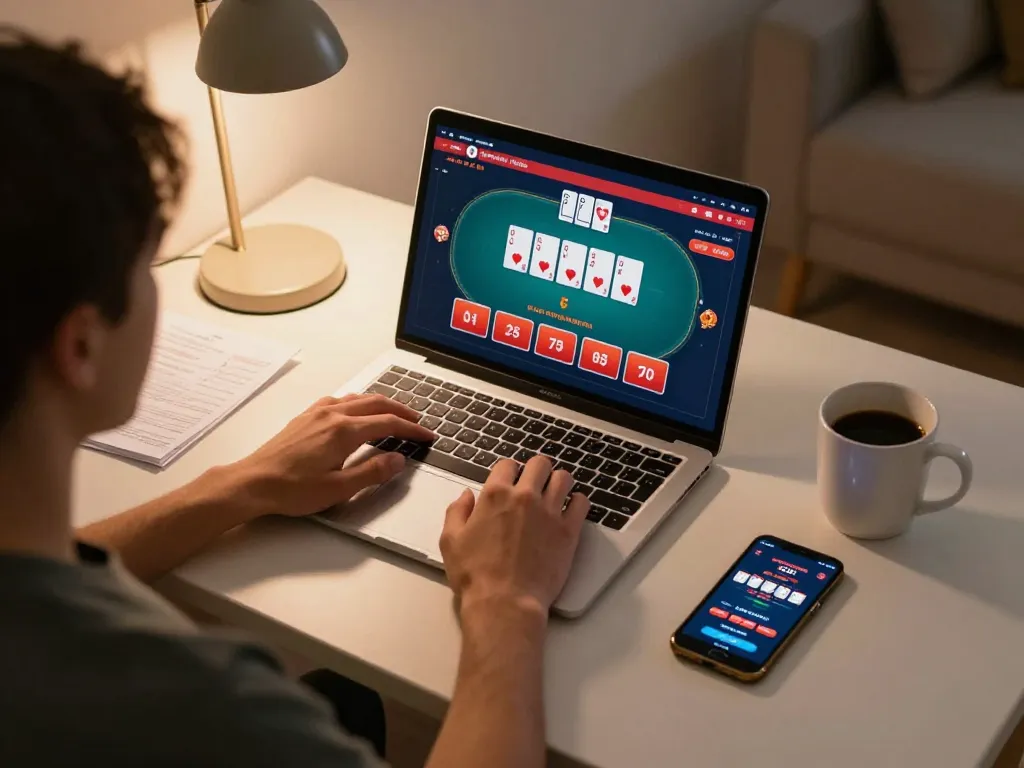 Bong88 player strategizing online poker at home, showcasing immersive gaming setup.
