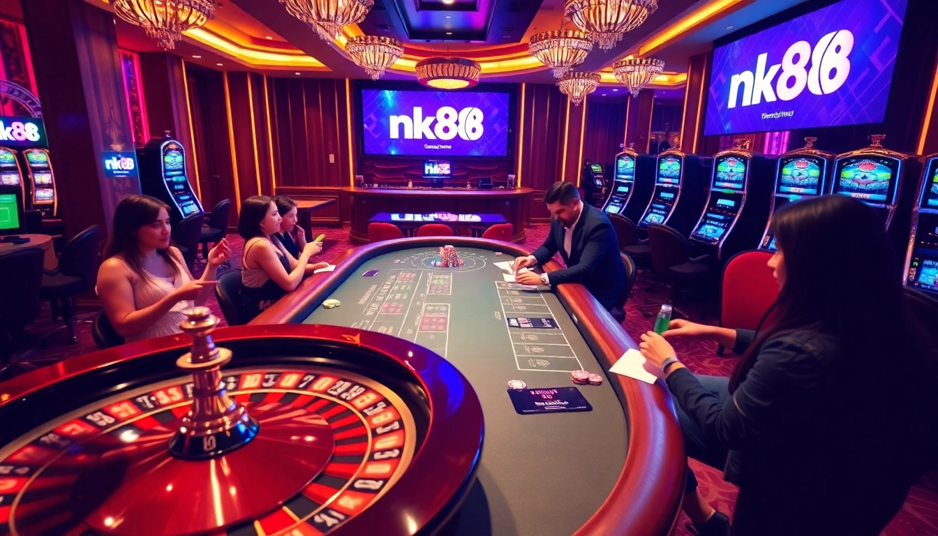Players experience the excitement of nk88 at a luxurious casino table with vibrant chips and cards.