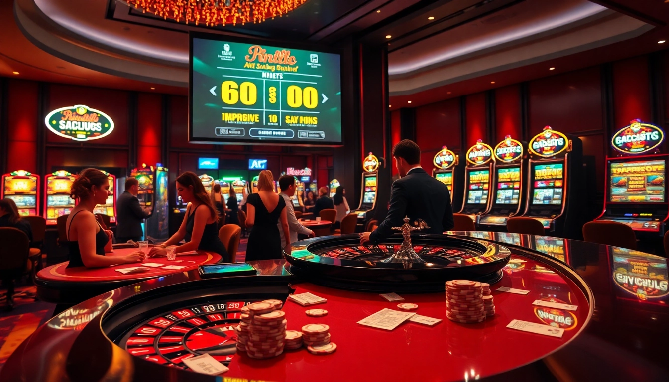 Experience the thrill of NK88 with vibrant casino visuals showcasing roulette, slot machines, and poker.