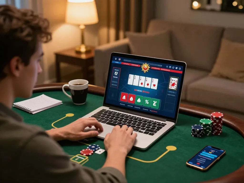 mm88 player strategizing during an online poker game with laptop in cozy atmosphere