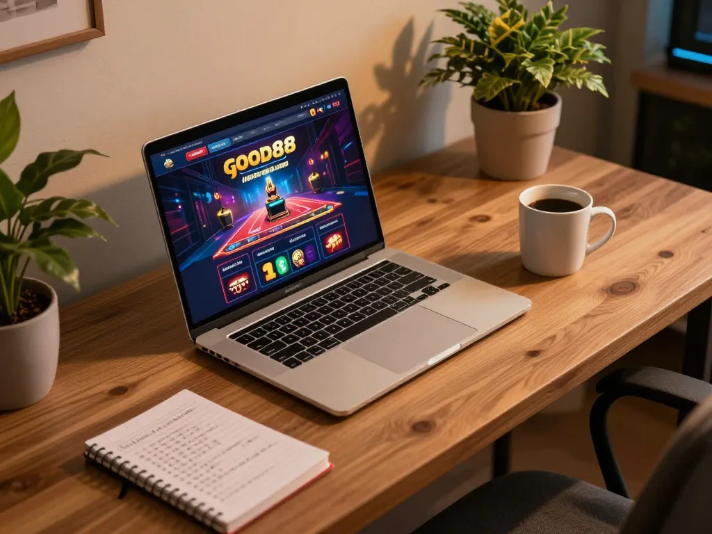 Playing on good88 casino website with a personalized gaming setup in a cozy home environment.
