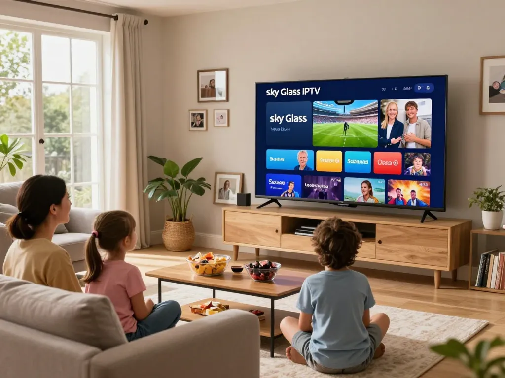 Family enjoying Sky glass IPTV in a cozy living room, streaming UK channels in high definition.