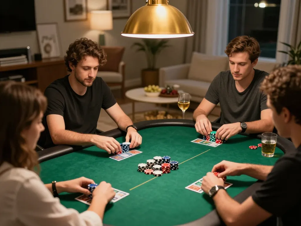 NK88 poker night with friends at home, vibrant chips stacked on table showcasing competitive gameplay.