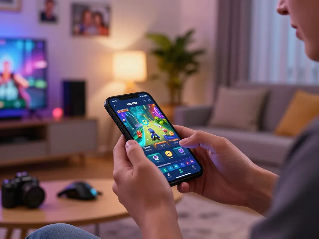 Engaging with iwin club on mobile, showcasing vibrant gaming app and cozy home setup.
