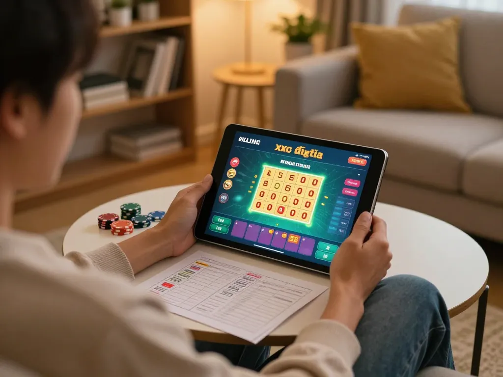 Xóc đĩa betting strategy noted on coffee table while playing online game.