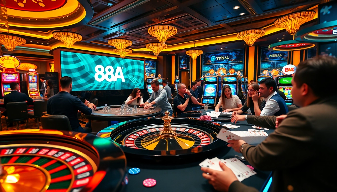 Players experiencing excitement at the 88AA casino, enjoying roulette and slot machines.